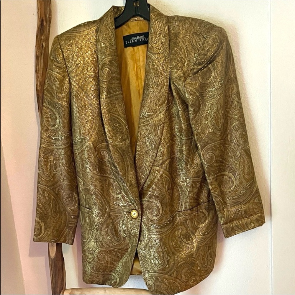 Ellen Tracy Vintage Gold Metallic Paisley Silk Blazer Jacket Small or Size 2